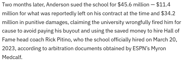 Text excerpt about a legal dispute involving Anderson suing a school for $45.6 million regarding contract termination and hiring a new coach.